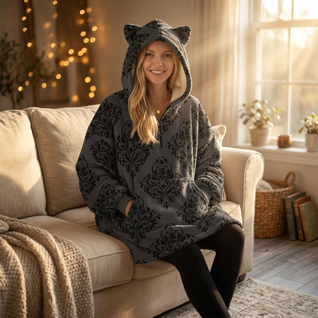 Cat Ear Wearable Blanket Hoodie, Goth Damask Lounger, Cozy Reading Hooded Blanket