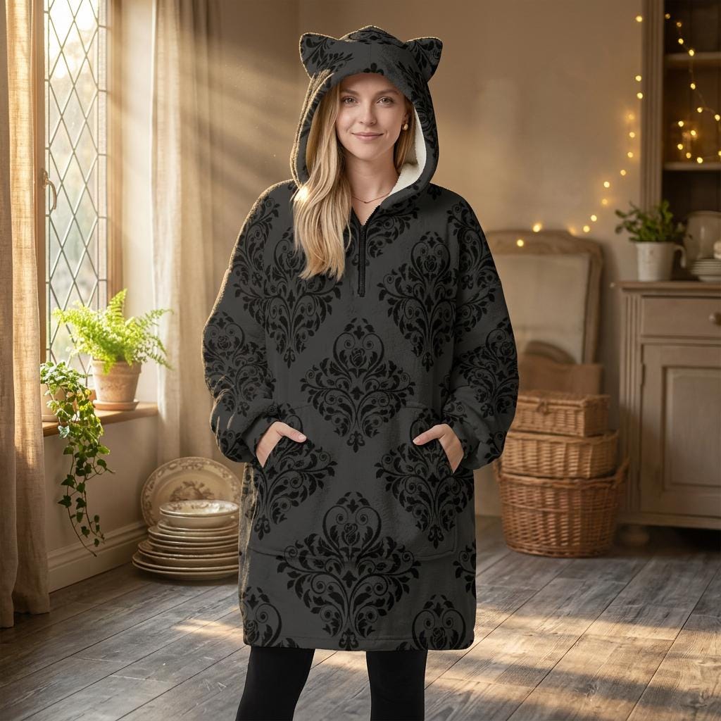 Cat Ear Wearable Blanket Hoodie, Goth Damask Lounger, Cozy Reading Hooded Blanket