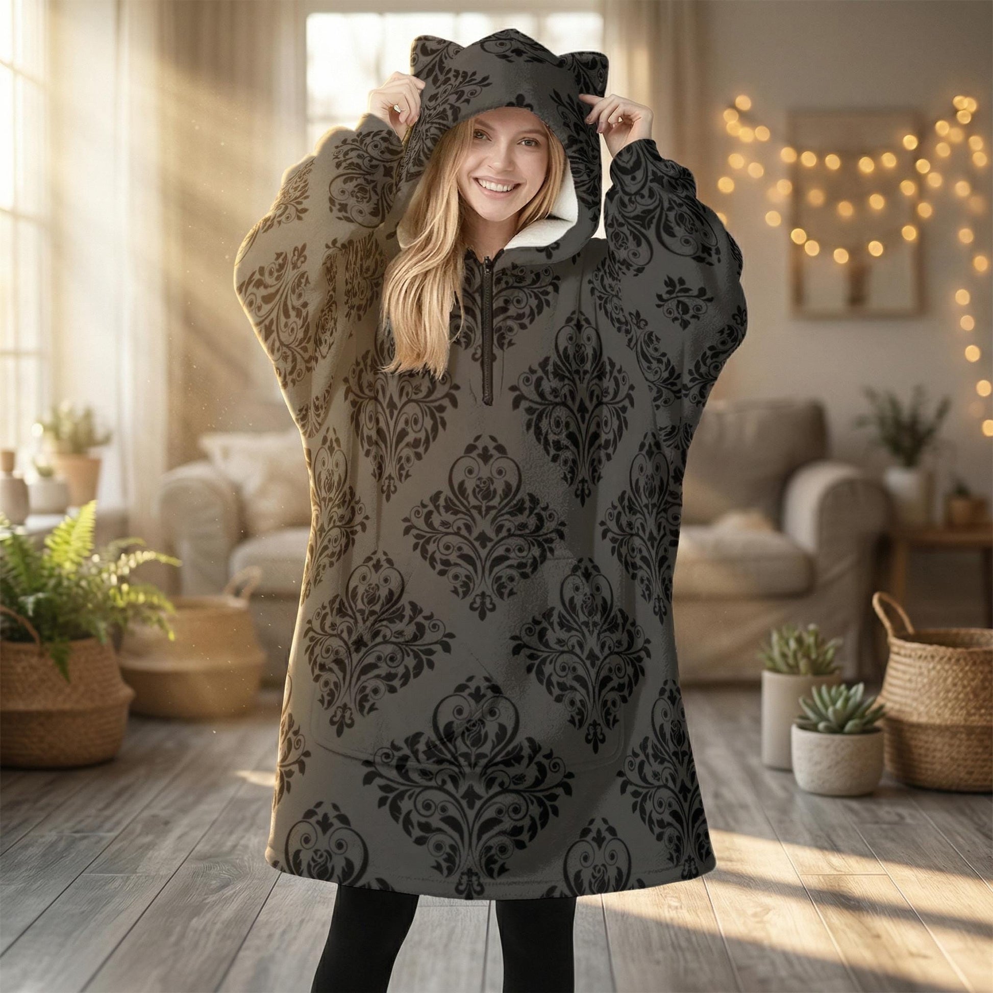 Cat Ear Wearable Blanket Hoodie, Goth Damask Lounger, Cozy Reading Hooded Blanket