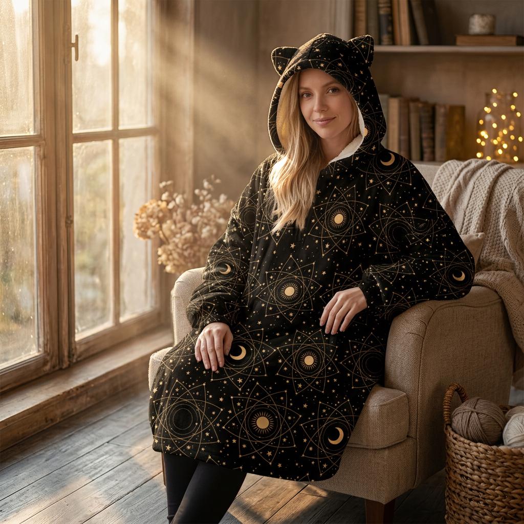 Wearable Blanket Hoodie, Cat Ear Lounge Dress, Starry Moon Hooded Housewear