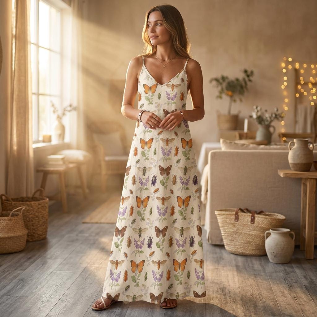 Butterfly Sundress, Botanical Slip Dress, Cottagecore Garden Party Dress