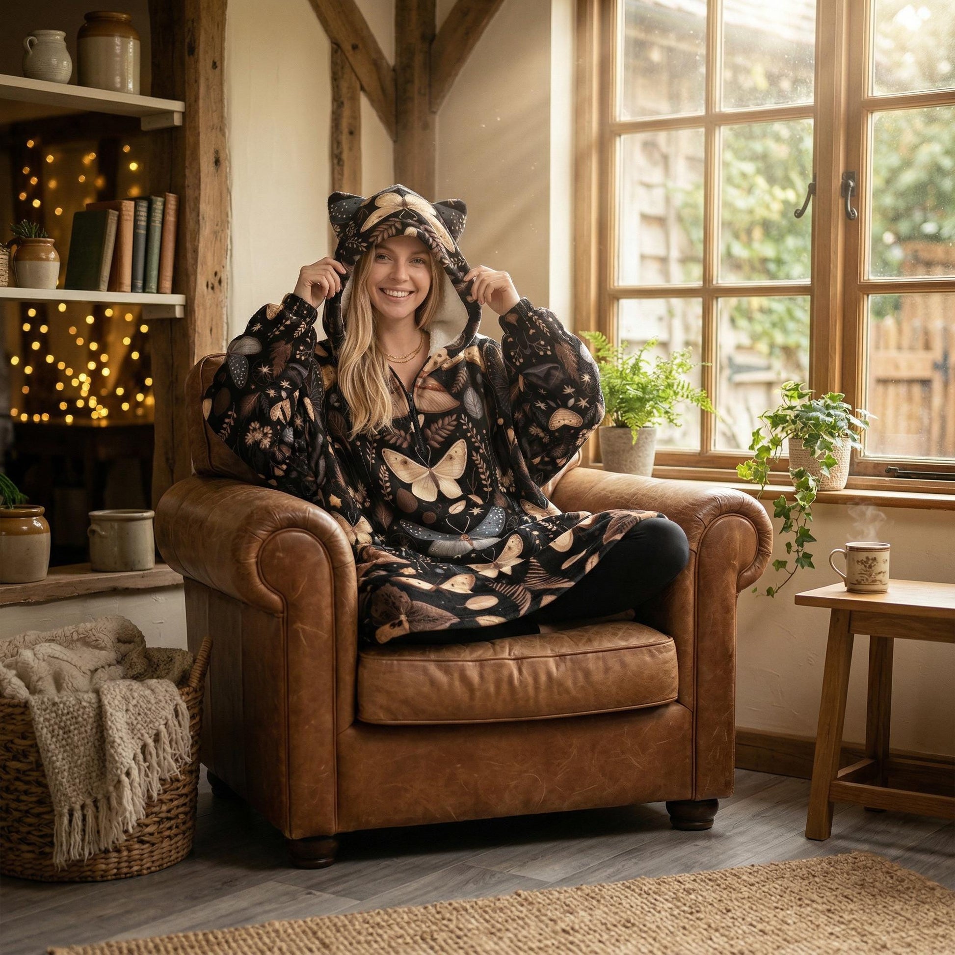 Wearable Blanket Hoodie with Cat Ears, Moth Butterfly Print, Dark Cottagecore Gift