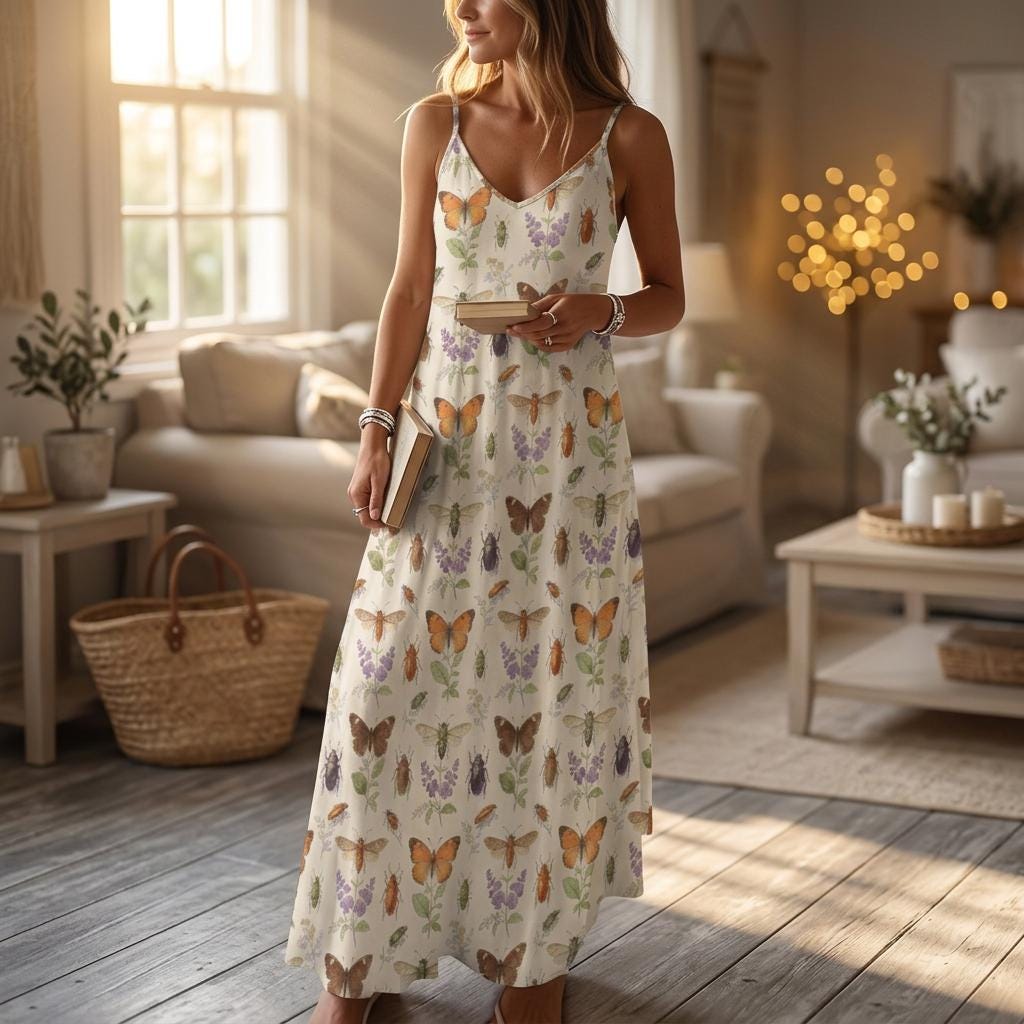 Butterfly Sundress, Botanical Slip Dress, Cottagecore Garden Party Dress