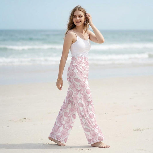 Coquette Shell Palazzo Pants, Pink Bow Beach Trousers, Wide Leg Resort Vacation Pants