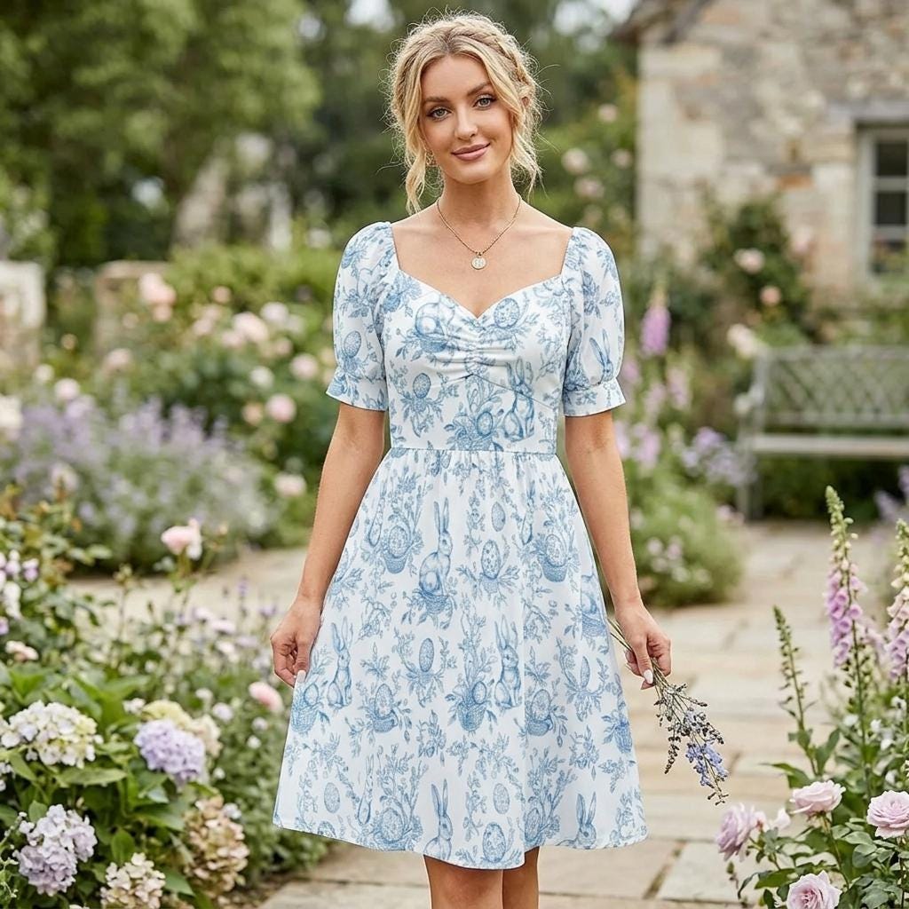 Blue Bunny Toile Midi Dress, Puff Sleeve Fit and Flare, Spring Cottage Outfit, Sweetheart Neckline