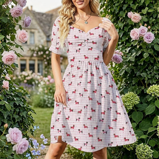 Pink Gingham Dachshund Midi Dress, Puff Sleeve Picnic Outfit, Dog Lover Fashion