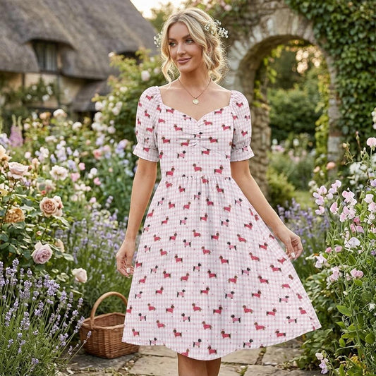 Pink Gingham Dachshund Midi Dress, Puff Sleeve Picnic Outfit, Dog Lover Fashion