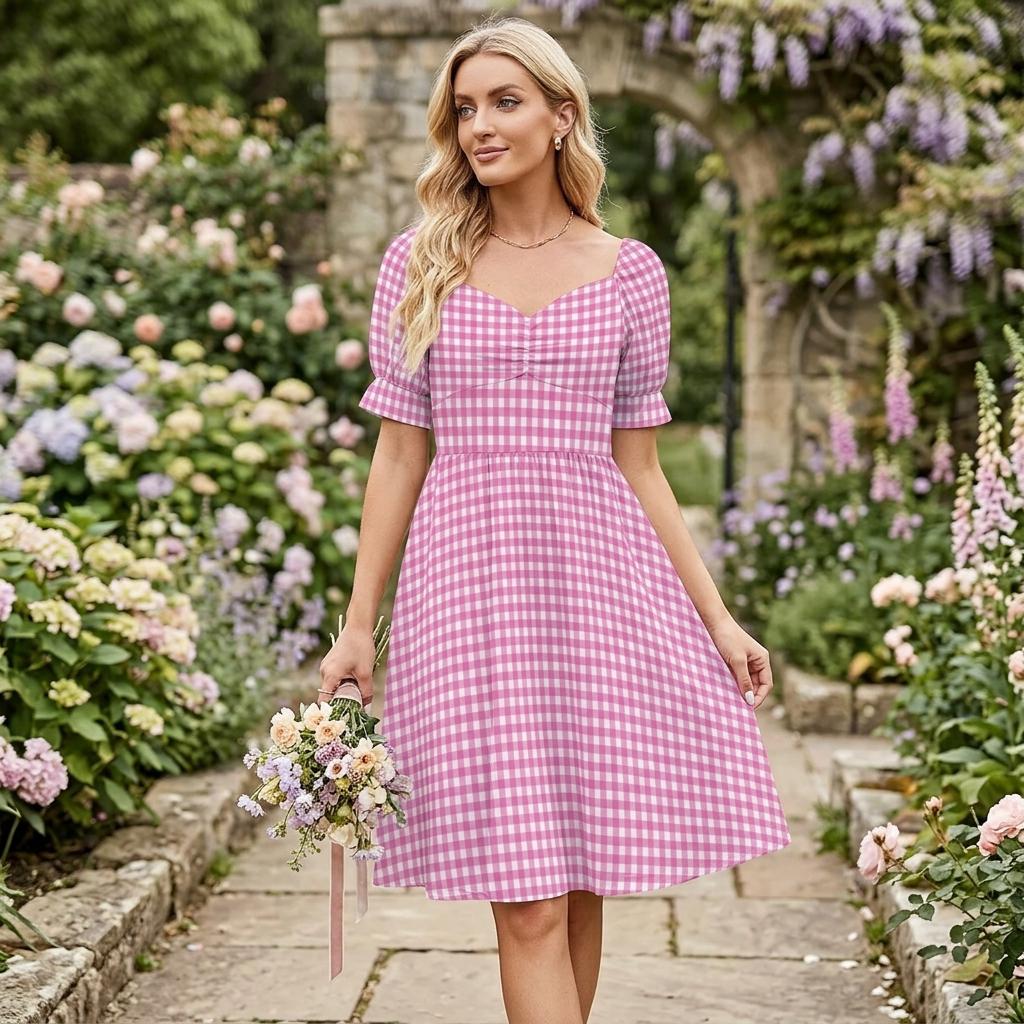 Tiny Check Pink Dress, Gingham Summer Brunch Outfit, Romantic Picnic Girlcore Look, Cottagecore Midi Puff Sleeve Dress, Pink Soft Style