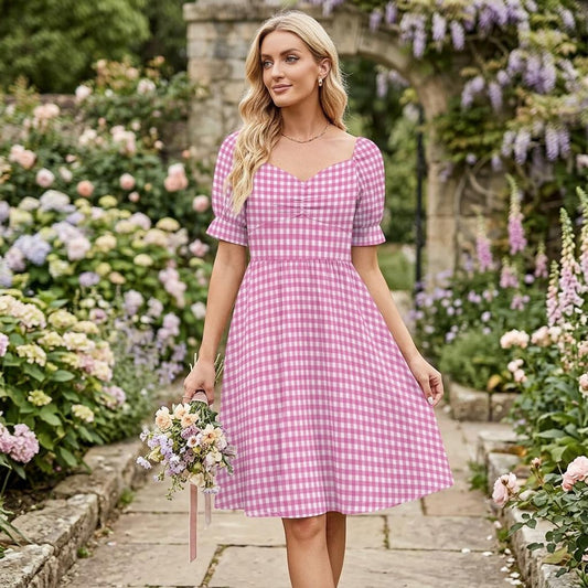 Tiny Check Pink Dress, Gingham Summer Brunch Outfit, Romantic Picnic Girlcore Look, Cottagecore Midi Puff Sleeve Dress, Pink Soft Style