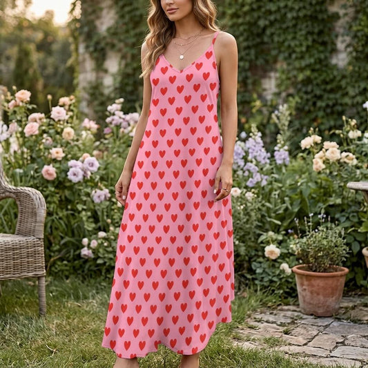 Pink Heart Maxi Dress, Soft Girl Valentine's Outfit, Y2K Cottagecore Summer Slip Dress, Pastel Aesthetic Date Night Look, Kawaii Picnic Fit