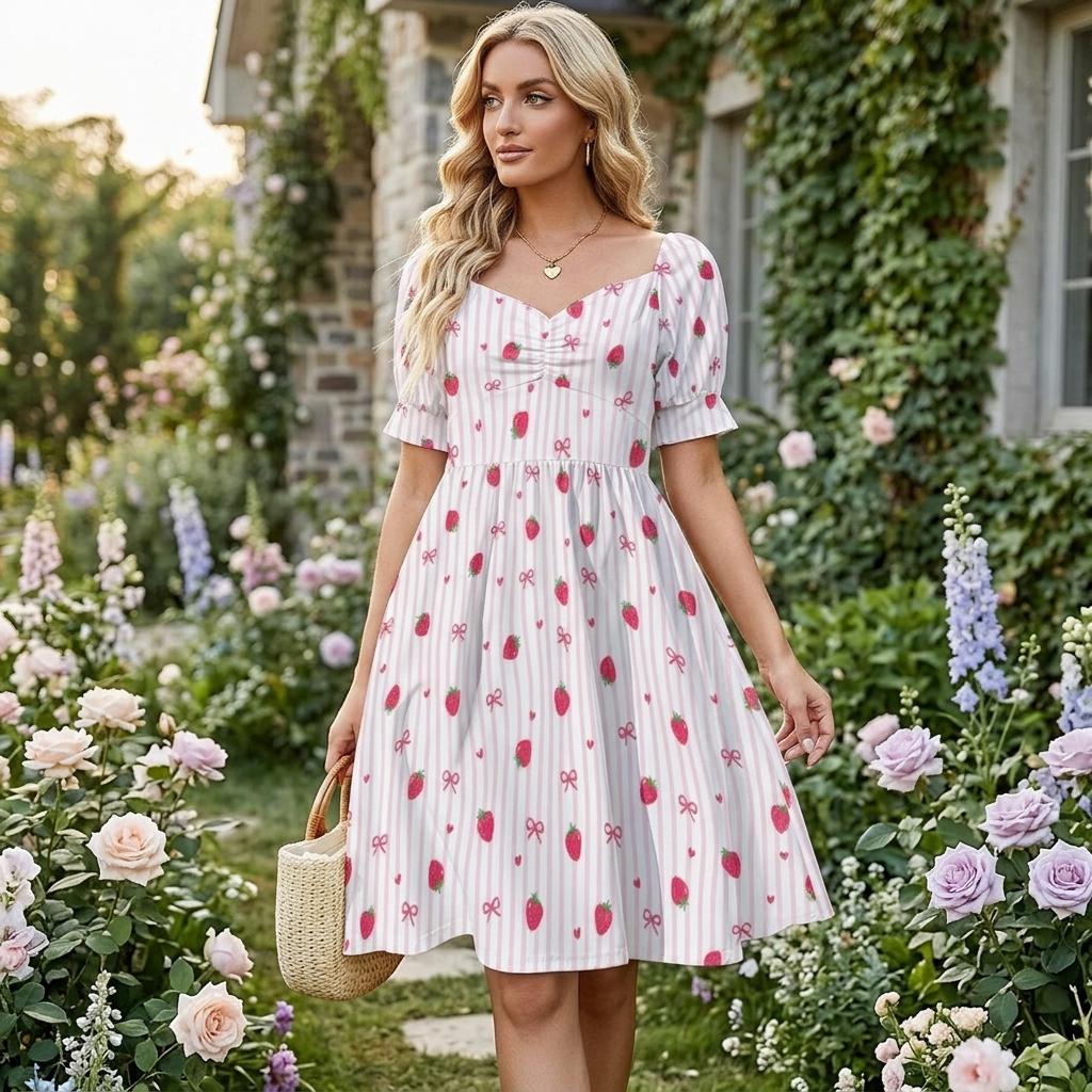 Strawberry Bow Dress, Pink Coquette Puff Sleeve, Picnic, Girls Trip, Summer Day Dress