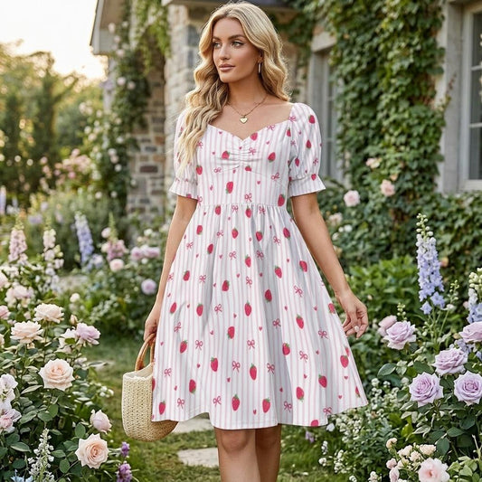 Strawberry Bow Dress, Pink Coquette Puff Sleeve, Picnic, Girls Trip, Summer Day Dress