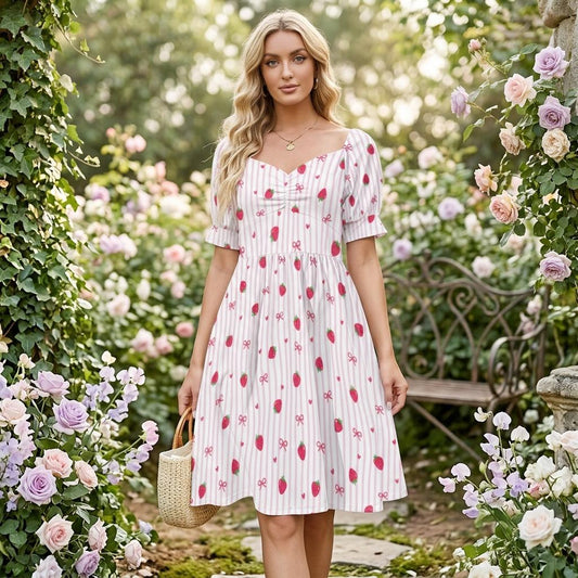 Strawberry Bow Dress, Pink Coquette Puff Sleeve, Picnic, Girls Trip, Summer Day Dress