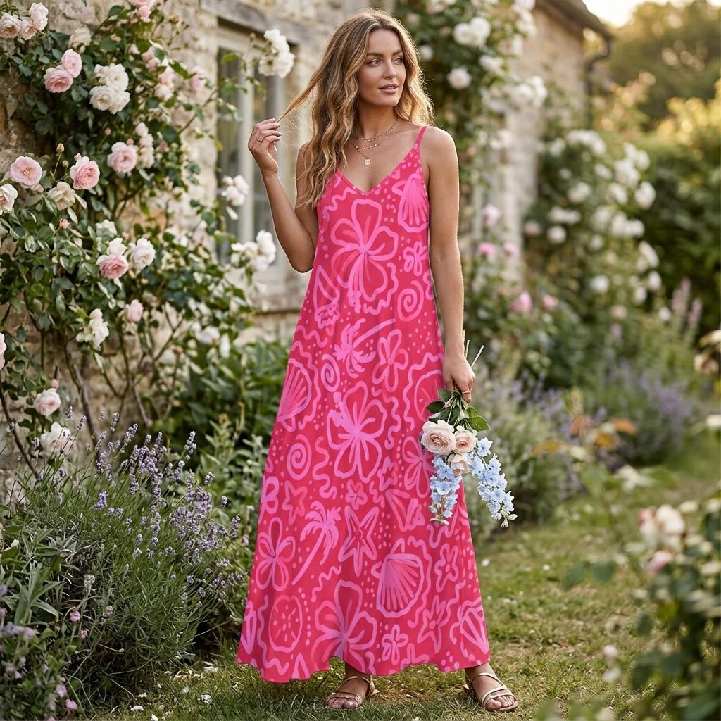 Hot Pink Tropical Maxi Dress, Y2K Floral Slip Dress, Boho Festival Beach Outfit, Summer Vacation Dress
