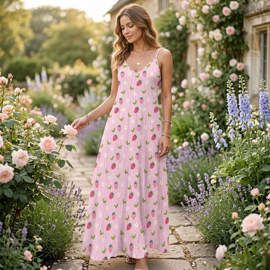 Strawberry Pink Maxi Dress, Cottagecore Dress with Daisies, Sweet Picnic Soft Girl Outfit, Fairycore Aesthetic Summer Look, Kawaii Style