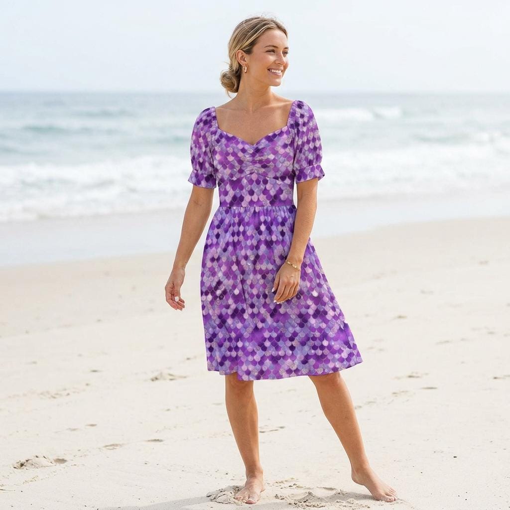 Purple Mermaid Scale Midi Dress, Puff Sleeve Fit and Flare, Glittery Summer Party Outfit