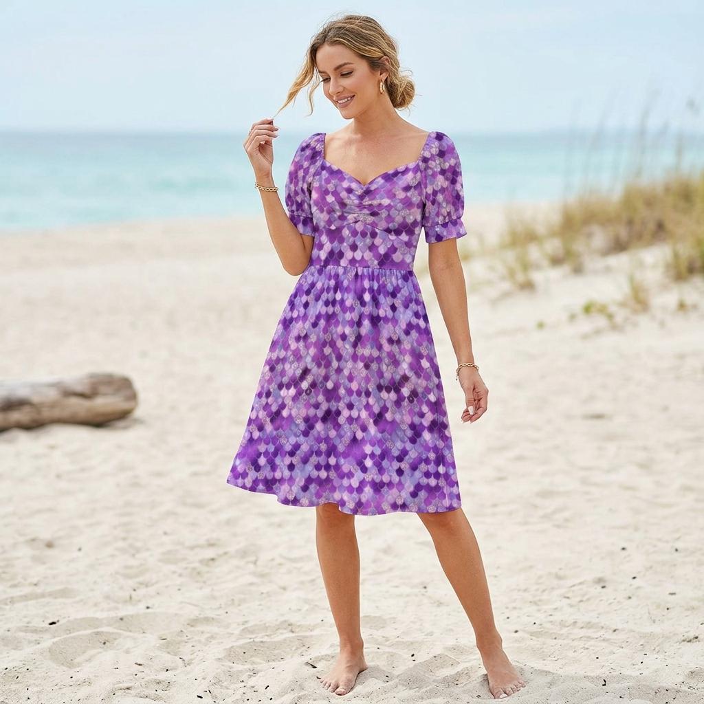 Purple Mermaid Scale Midi Dress, Puff Sleeve Fit and Flare, Glittery Summer Party Outfit