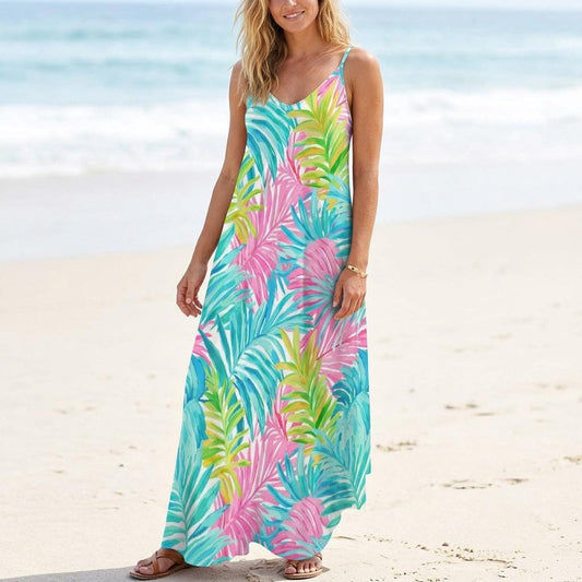 Tropical Palm Leaf Maxi Dress, Rainbow Summer Vacation Dress, Y2K Resort Beachwear Outfit, Colorful Island Sundress, Bright Coastal Style