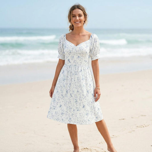 Blue Ditsy Floral Midi Dress, Puff Sleeve Romantic Summer Garden Party Outfit