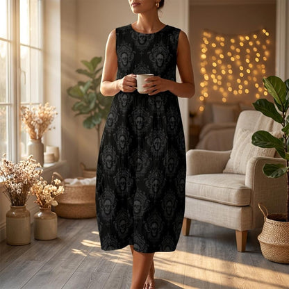 Skull Print Midi Dress, Gothic Sleeveless Tank Dress, Dark Damask Casual Summer Outfit