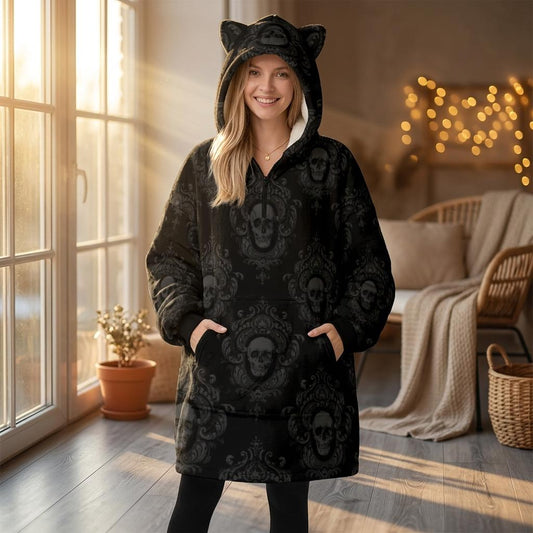 Cat Ear Hoodie Dress, Skull Damask Oversized Goth Hoodie, Cozy Alternative Loungewear