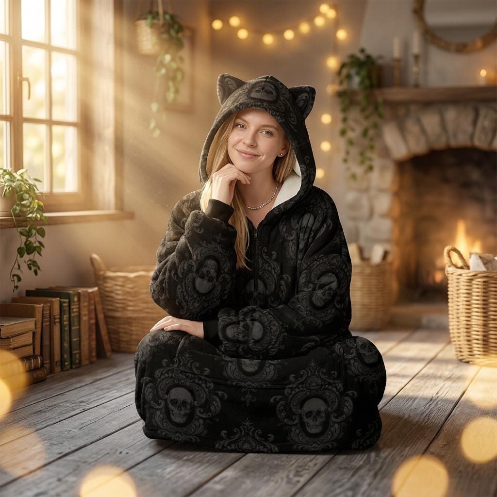 Cat Ear Hoodie Dress, Skull Damask Oversized Goth Hoodie, Cozy Alternative Loungewear