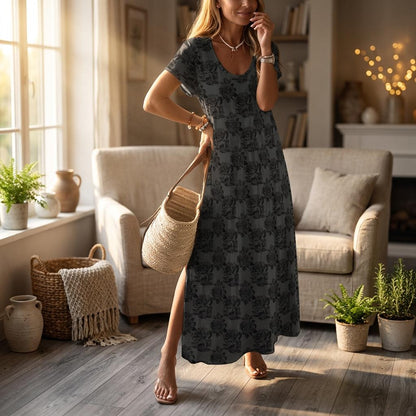 Dark Floral Maxi Dress, Black Rose Lounge Dress, Charcoal Boho Casual Dress