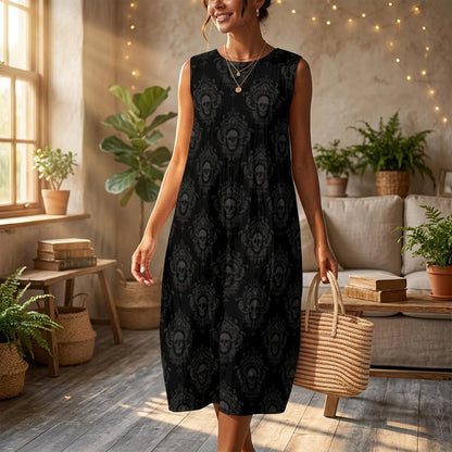 Skull Print Midi Dress, Gothic Sleeveless Tank Dress, Dark Damask Casual Summer Outfit