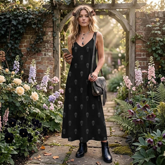 Black skull print maxi dress, spooky boho sundress, goth slip dress, Halloween casual summer outfit