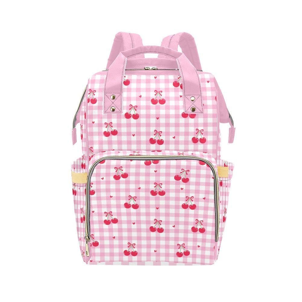 Cherry Diaper Bag Backpack, Pink Gingham Baby Travel Bag, Mom Backpack Organizer
