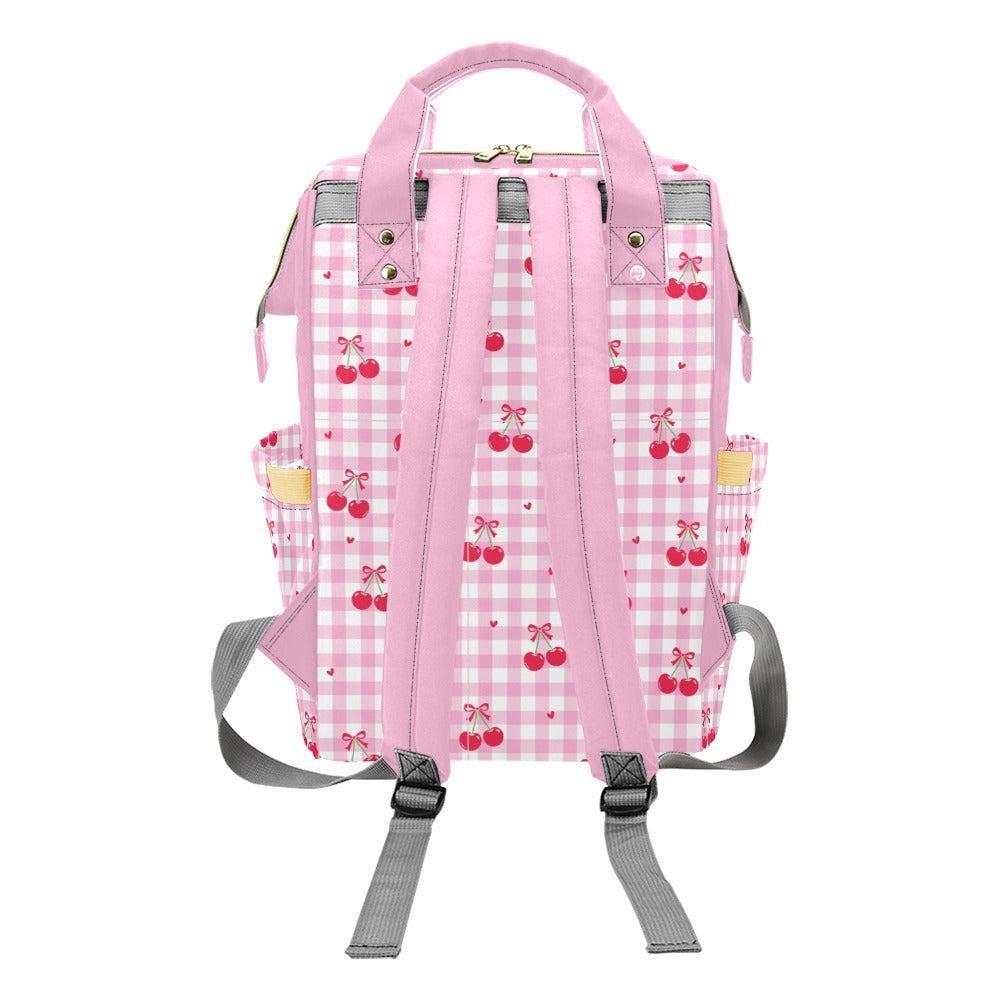 Cherry Diaper Bag Backpack, Pink Gingham Baby Travel Bag, Mom Backpack Organizer