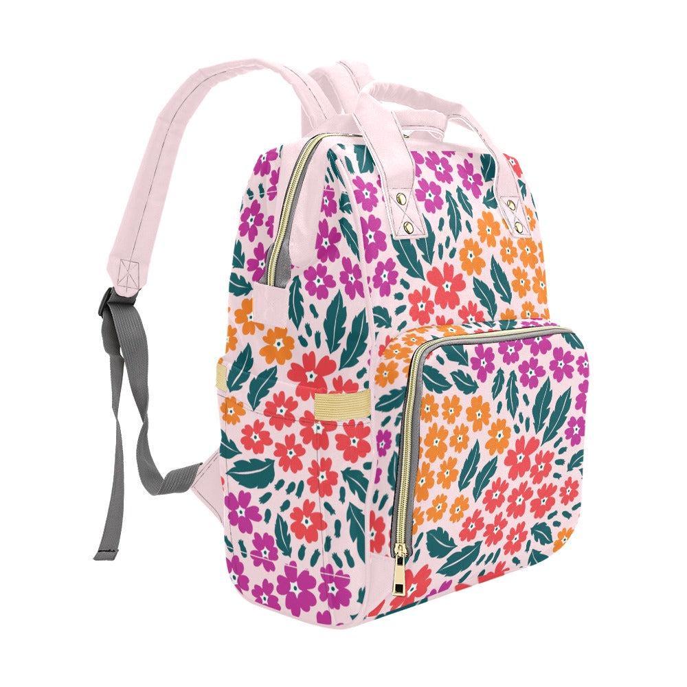 Retro Floral Diaper Bag Backpack, Pink Mom Backpack, Baby Travel Bag, Nursery Organizer