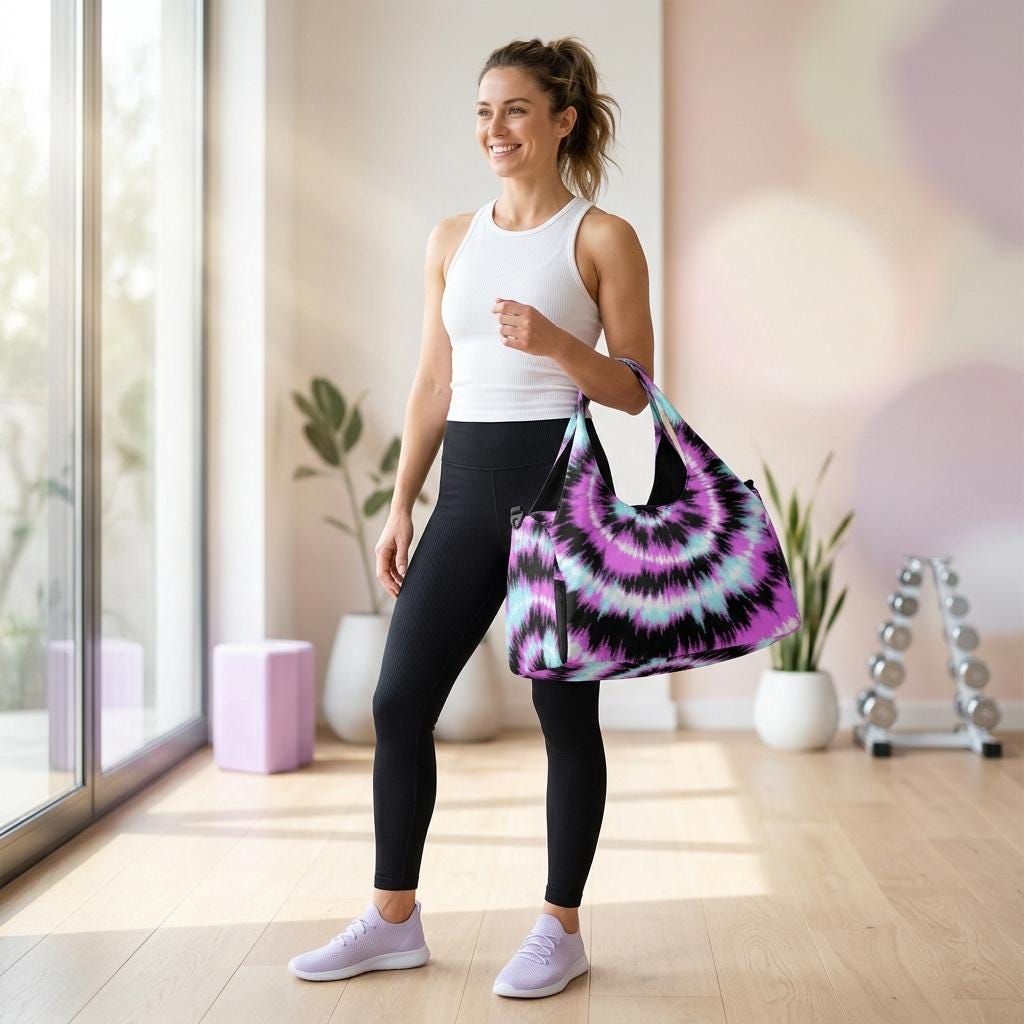 Tie Dye Gym Bag, Pink Purple Weekender Tote, Boho Yoga Travel Carryall