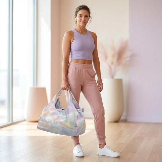 Gym Duffel Bag, Pastel Marble Weekender Tote, Holographic Yoga Travel Bag