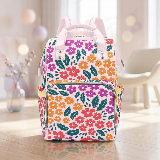 Retro Floral Diaper Bag Backpack, Pink Mom Backpack, Baby Travel Bag, Nursery Organizer