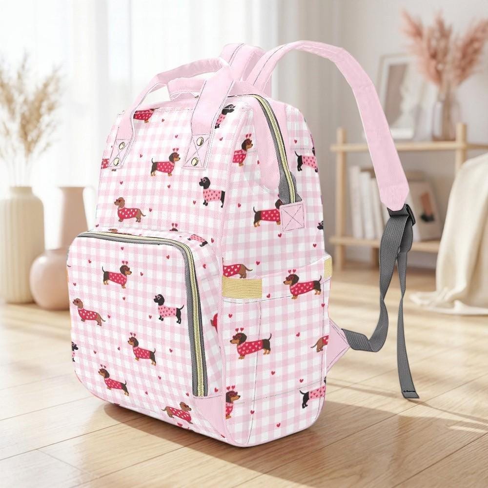 Dachshund Diaper Bag Backpack, Pink Gingham Baby Bag, Stroller Organizer