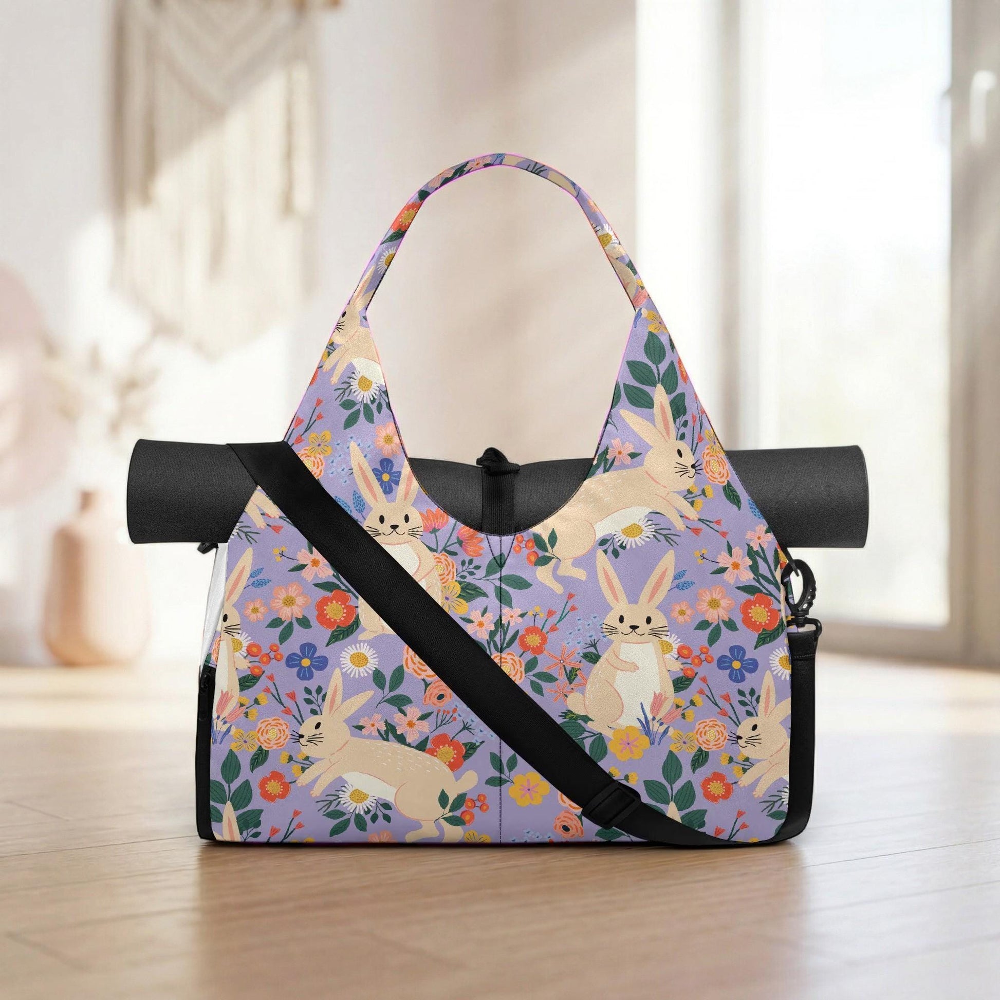 Rabbit Floral Yoga Mat Bag, Lavender Pilates Tote, Bunny Fitness Carryall