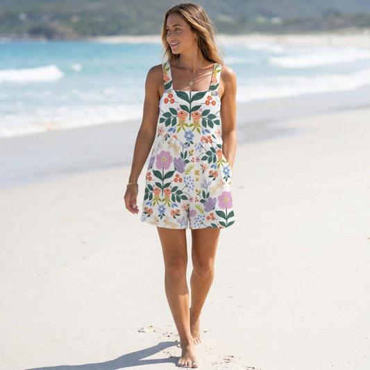 Folk Art Overall Romper, Cottagecore Floral Playsuit, Garden Party Shortalls for Women