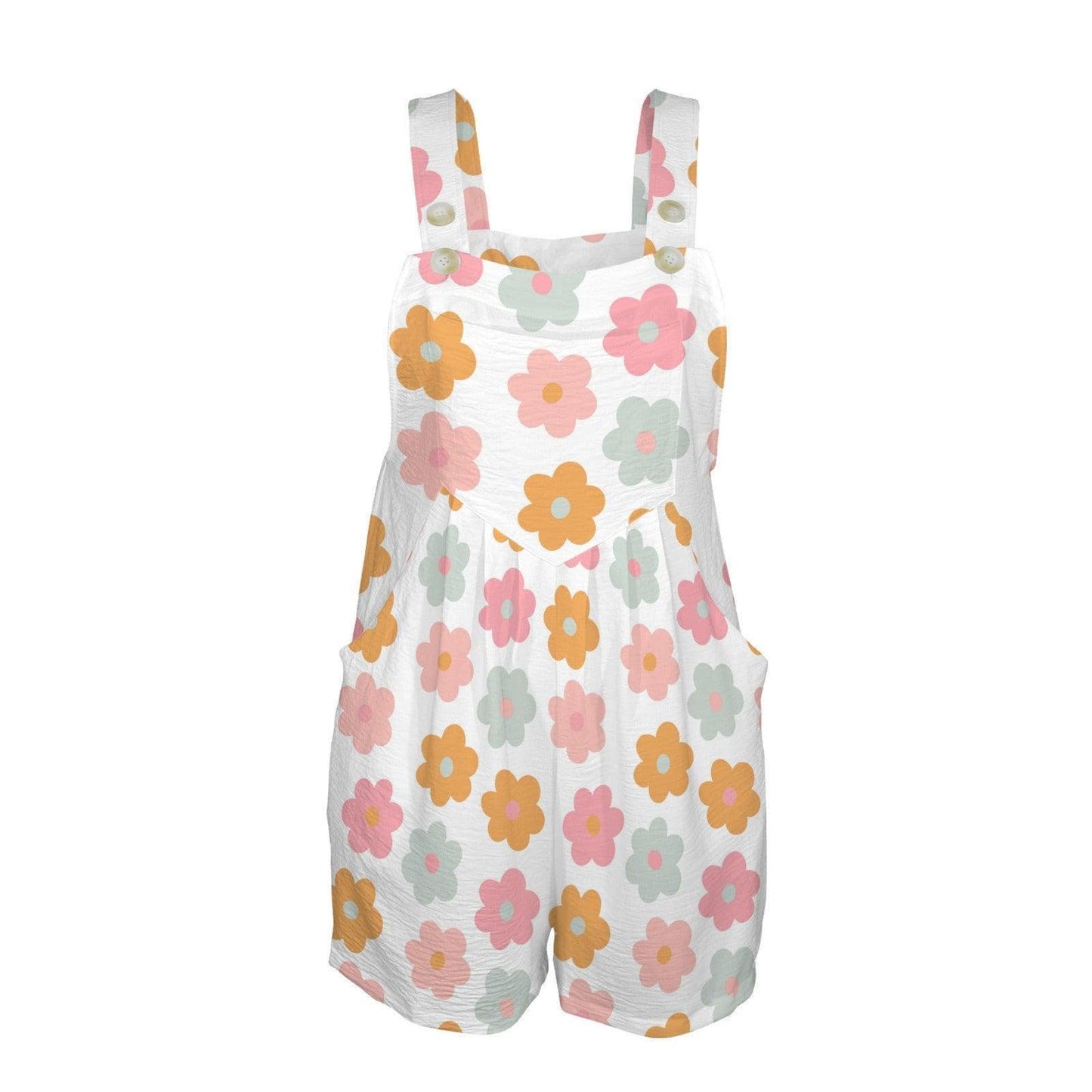 Retro Flower Romper for Women, Pastel Daisy Beach Outfit, Sleeveless Summer Shortalls