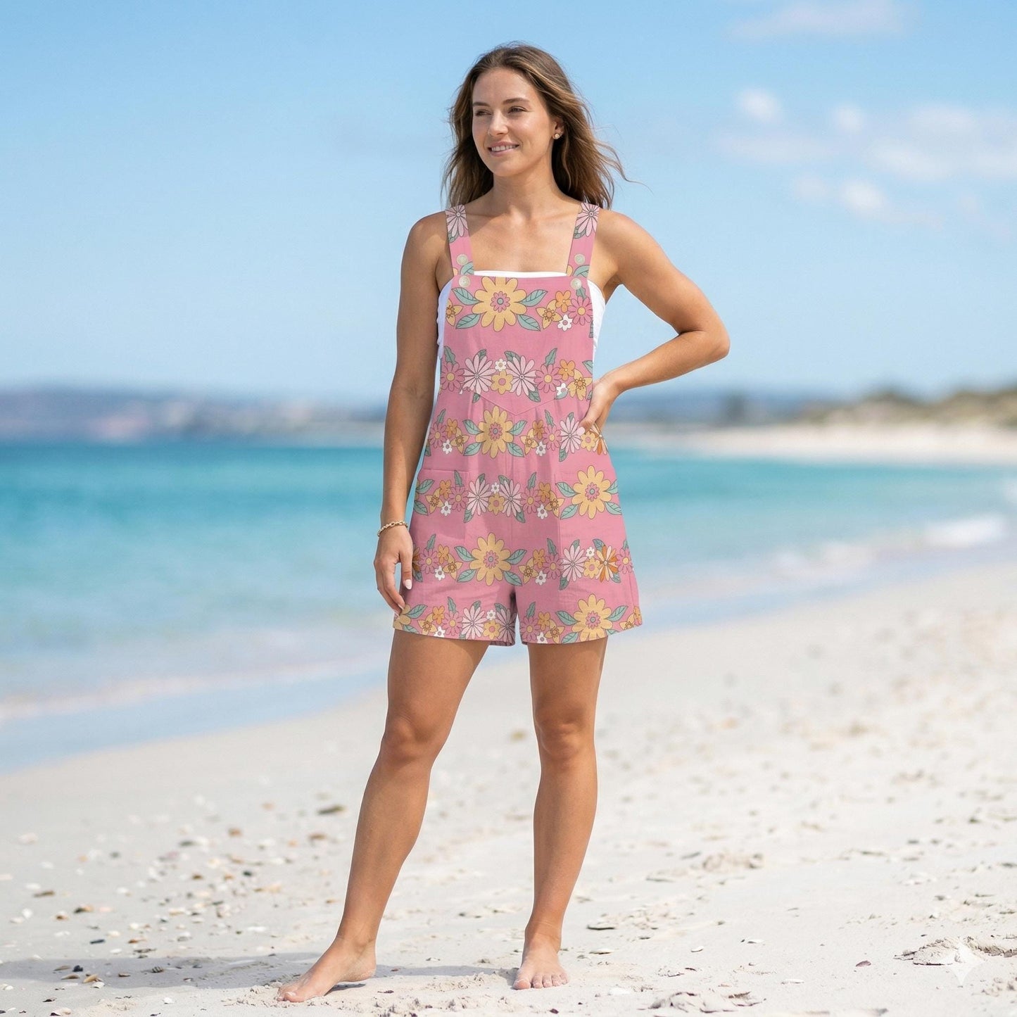 Pink Floral Romper for Women, Retro Daisy Shortalls Cute Summer One Piece