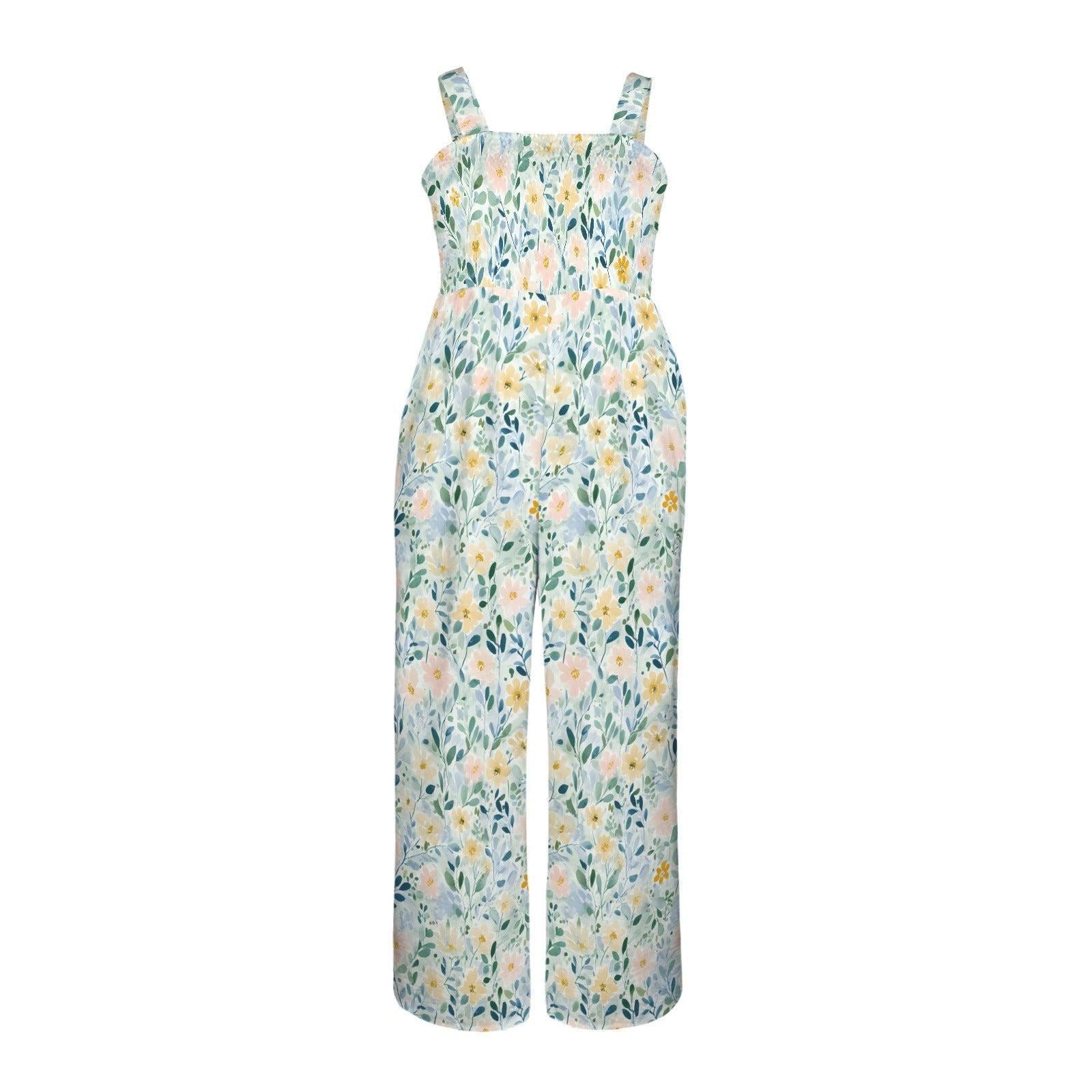 Watercolor Floral Jumpsuit, Botanical Meadow Wide Leg Romper, Spring Garden Outfit