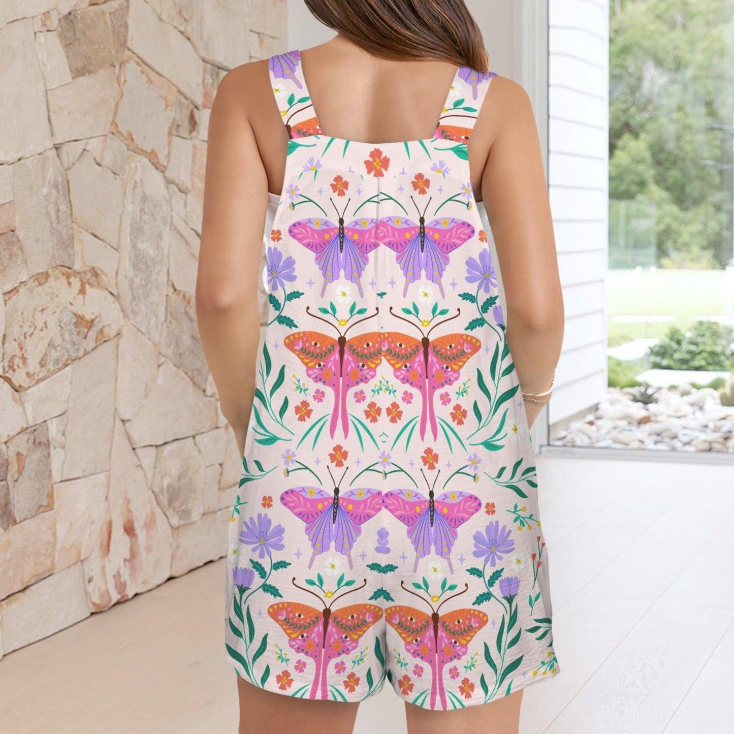 Folk Art Moth Romper, Whimsical Floral Shortalls, Cottage Garden Playsuit