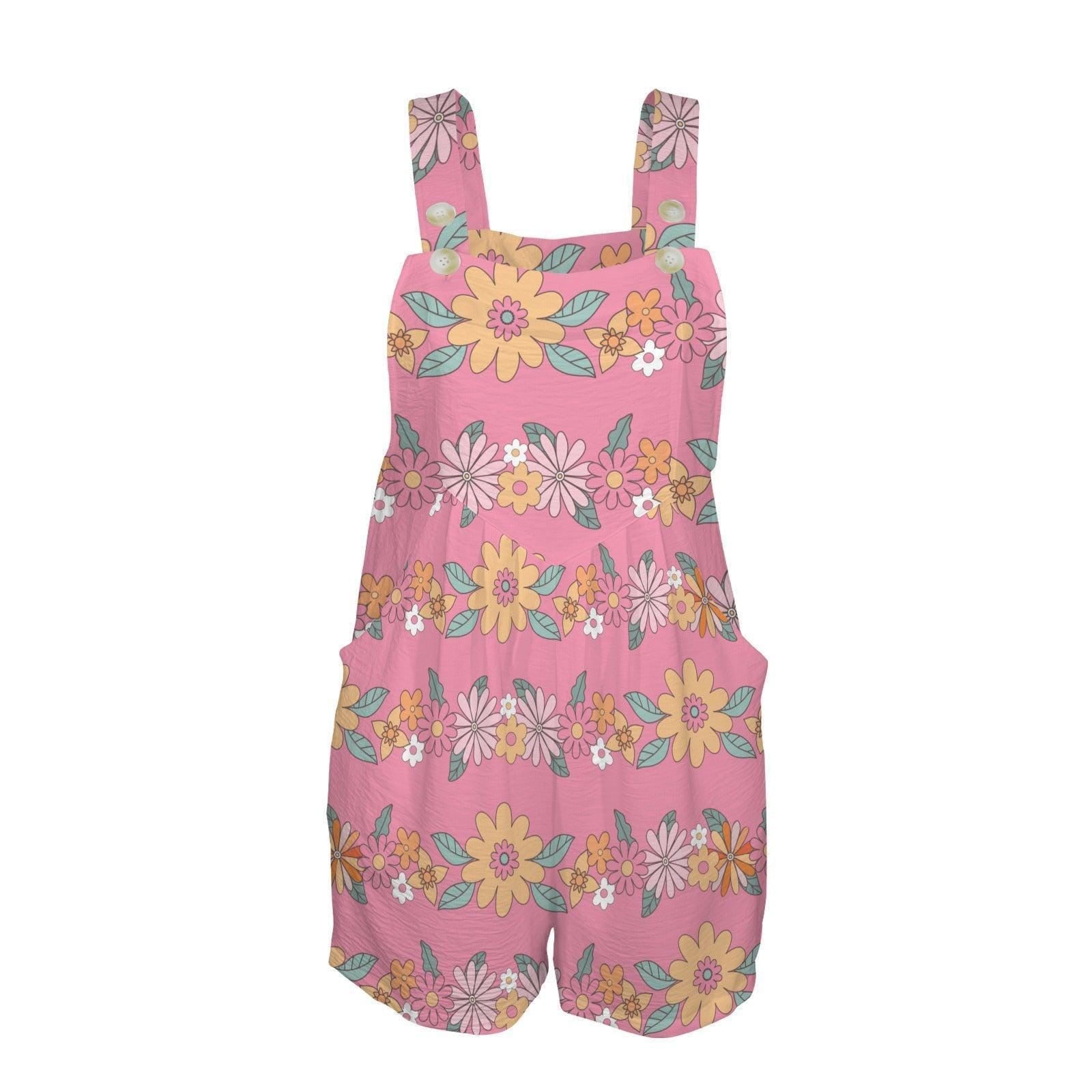 Pink Floral Romper for Women, Retro Daisy Shortalls Cute Summer One Piece
