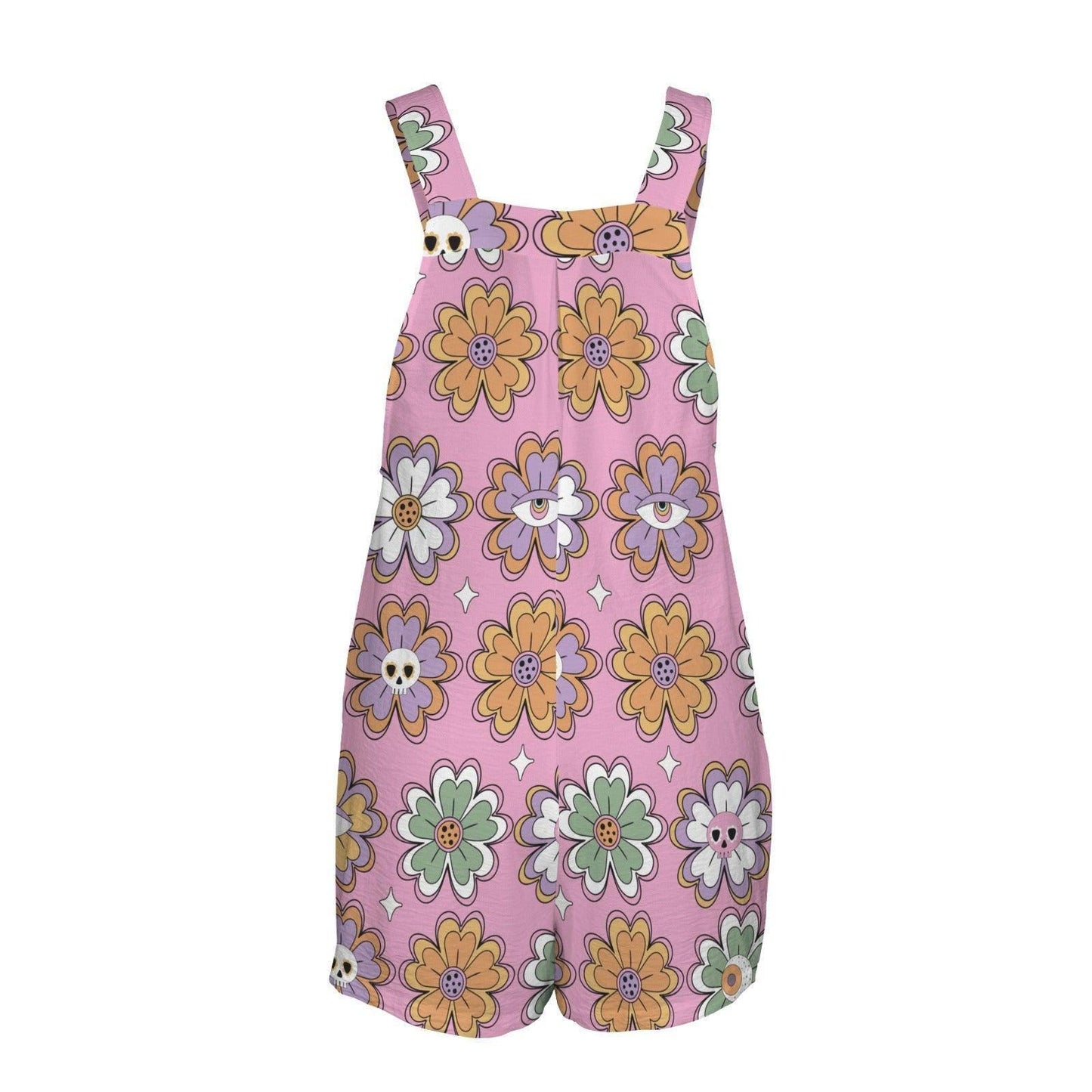 Pastel Goth Shortalls, Pink Skull Daisy Playsuit, Retro Floral Overall Romper