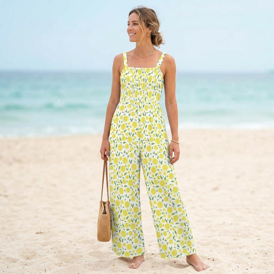 Citrus Print Wide Leg Jumpsuit, Lemon Slice Summer Romper