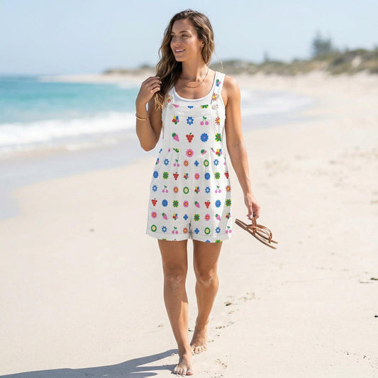 Cottagecore Overall Romper, Fruit Print Short Dungarees, Floral Summer Outfit