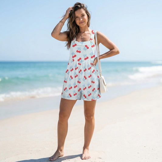 Cherry Print Romper for Women, Coquette Bow Shortalls Cute Picnic Outfit