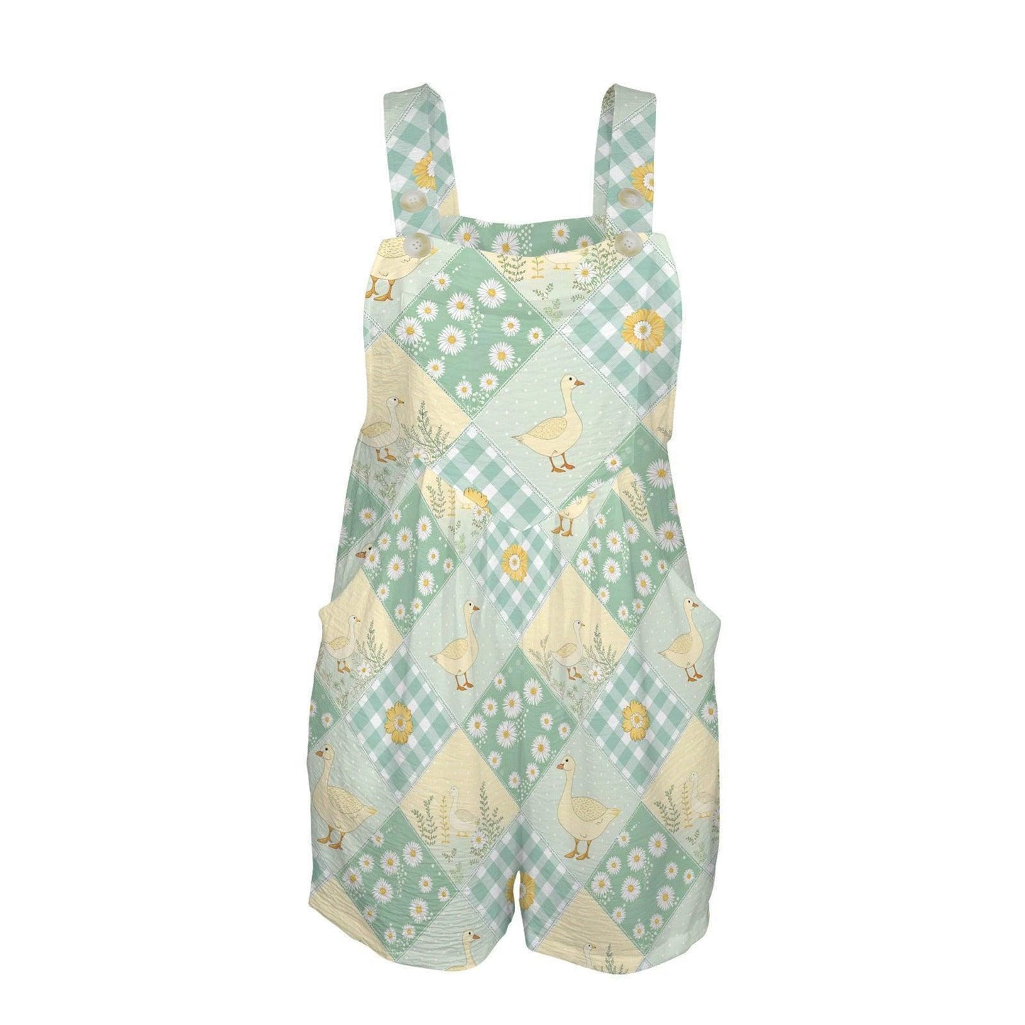Patchwork Goose Romper for Women, Cottagecore Gingham Daisy Farmcore Shortalls