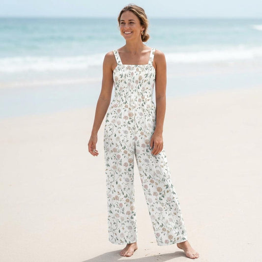 Neutral floral wide leg jumpsuit, vintage botanical garden party outfit, romantic rose vine print