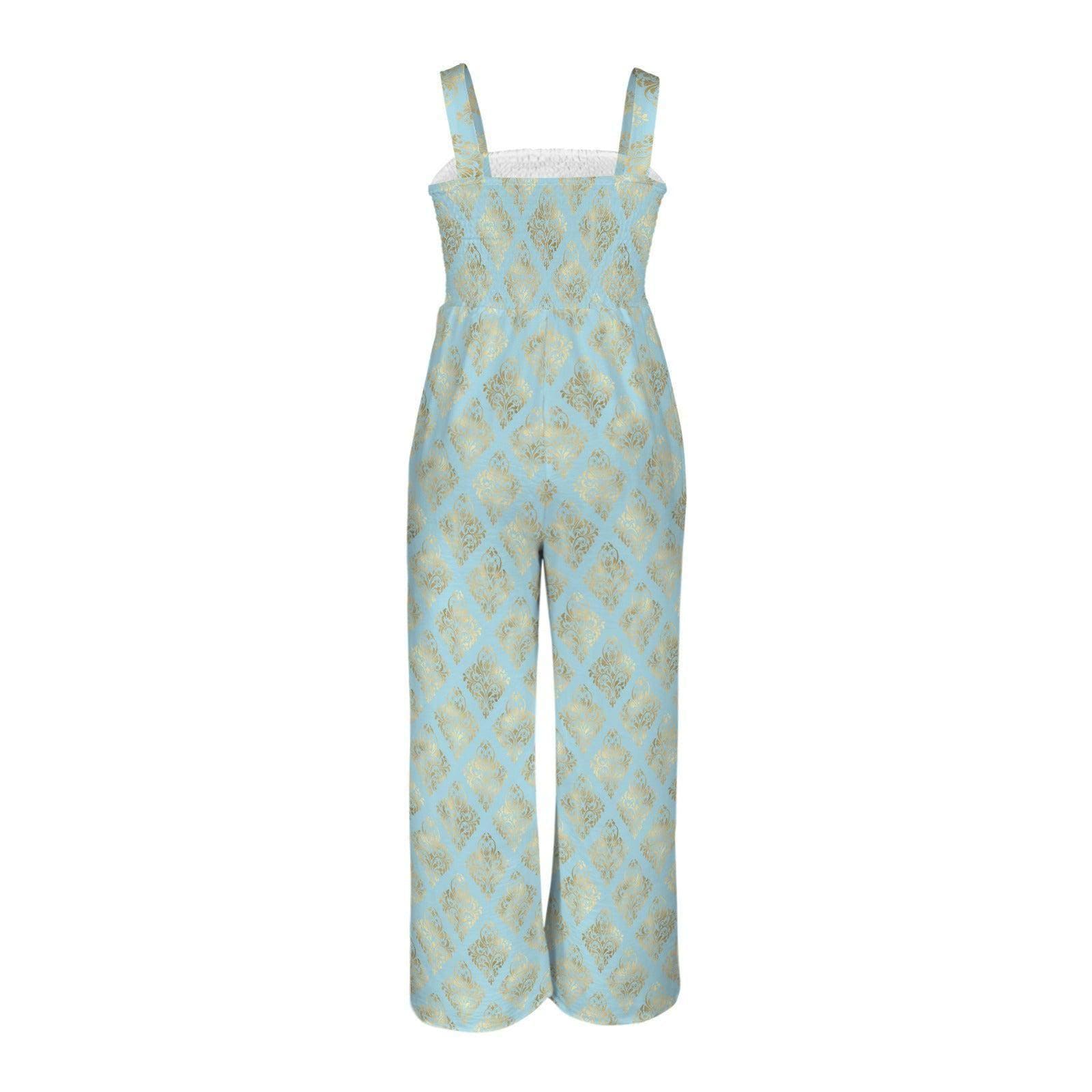 Wide Leg Resort Jumpsuit, Blue Baroque Palazzo Outfit, Mediterranean Vacation Wear